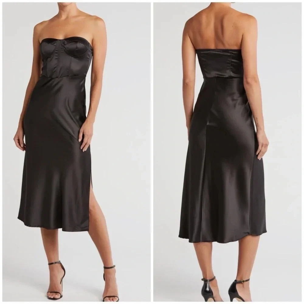 Strapless Black Satin Midi Dress